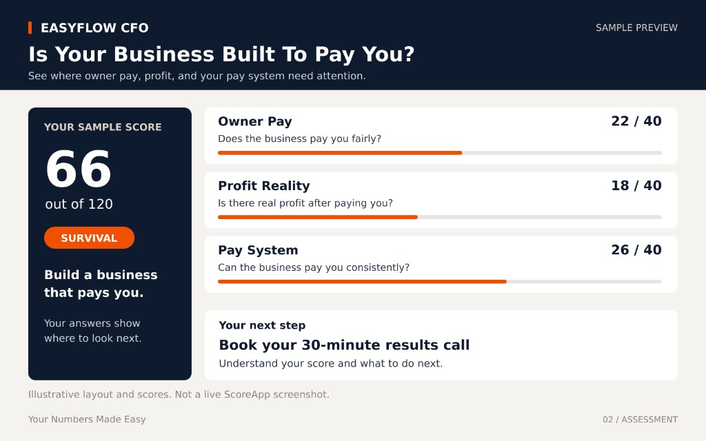 Sample assessment results showing scores for Owner Pay, Profit Reality, and Pay System