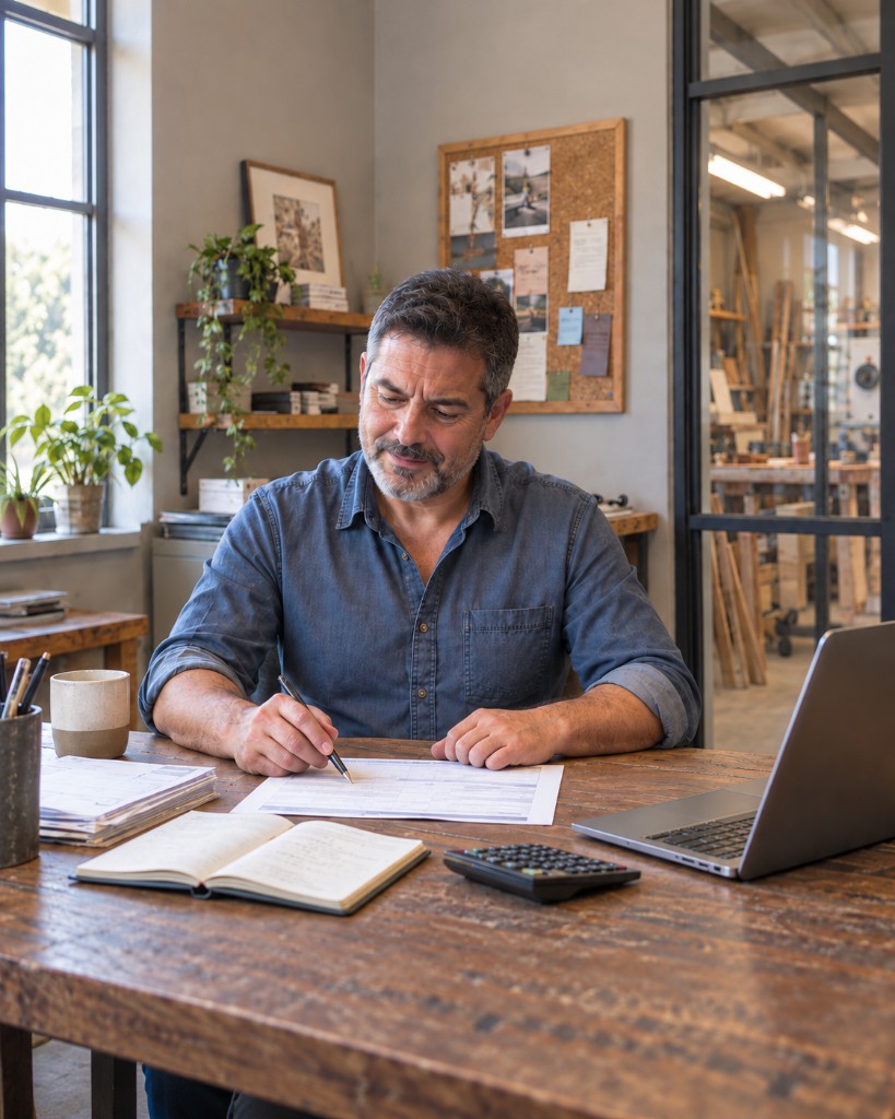 Business owner reviewing financial documents