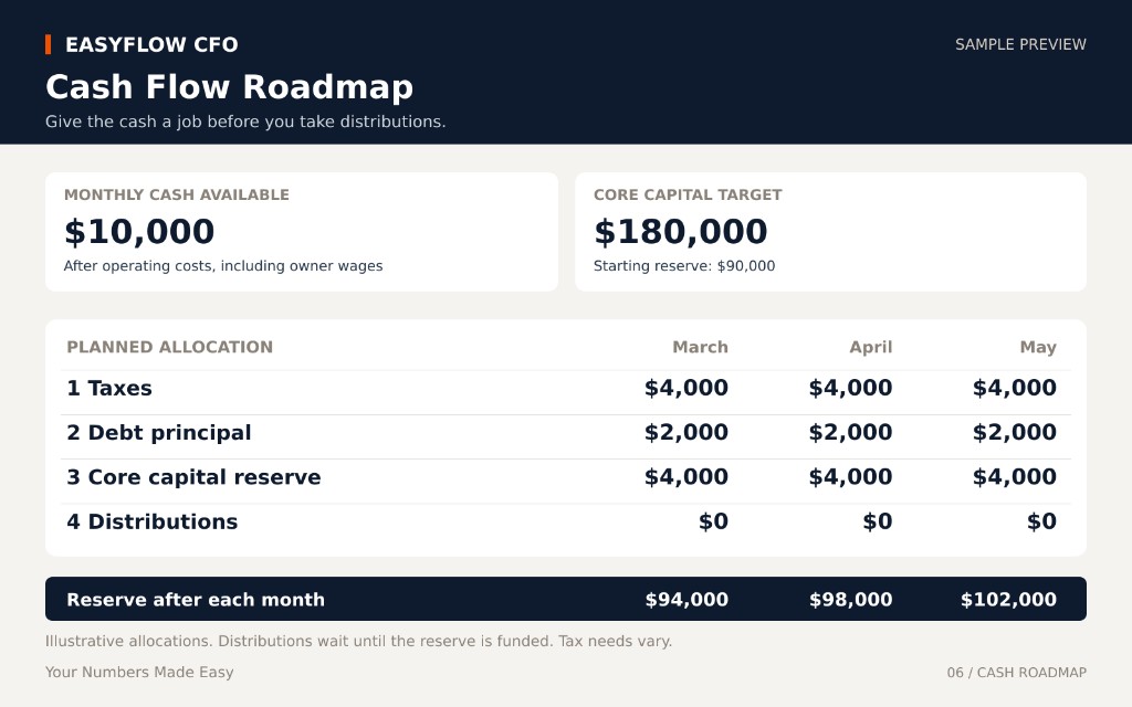 Sample Cash Flow Roadmap showing monthly allocations for taxes, debt, reserves, and distributions