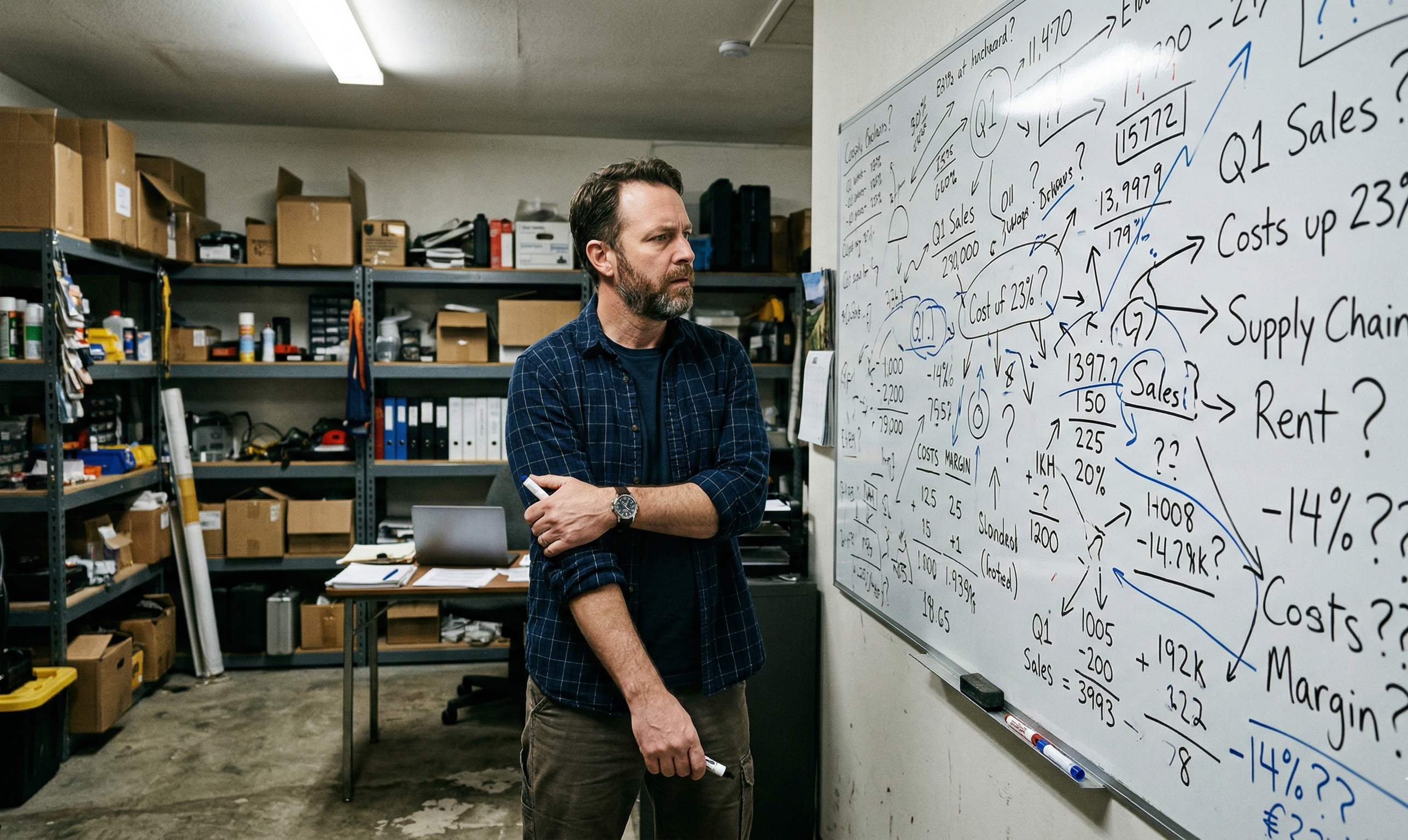 Business owner in warehouse staring at whiteboard full of numbers