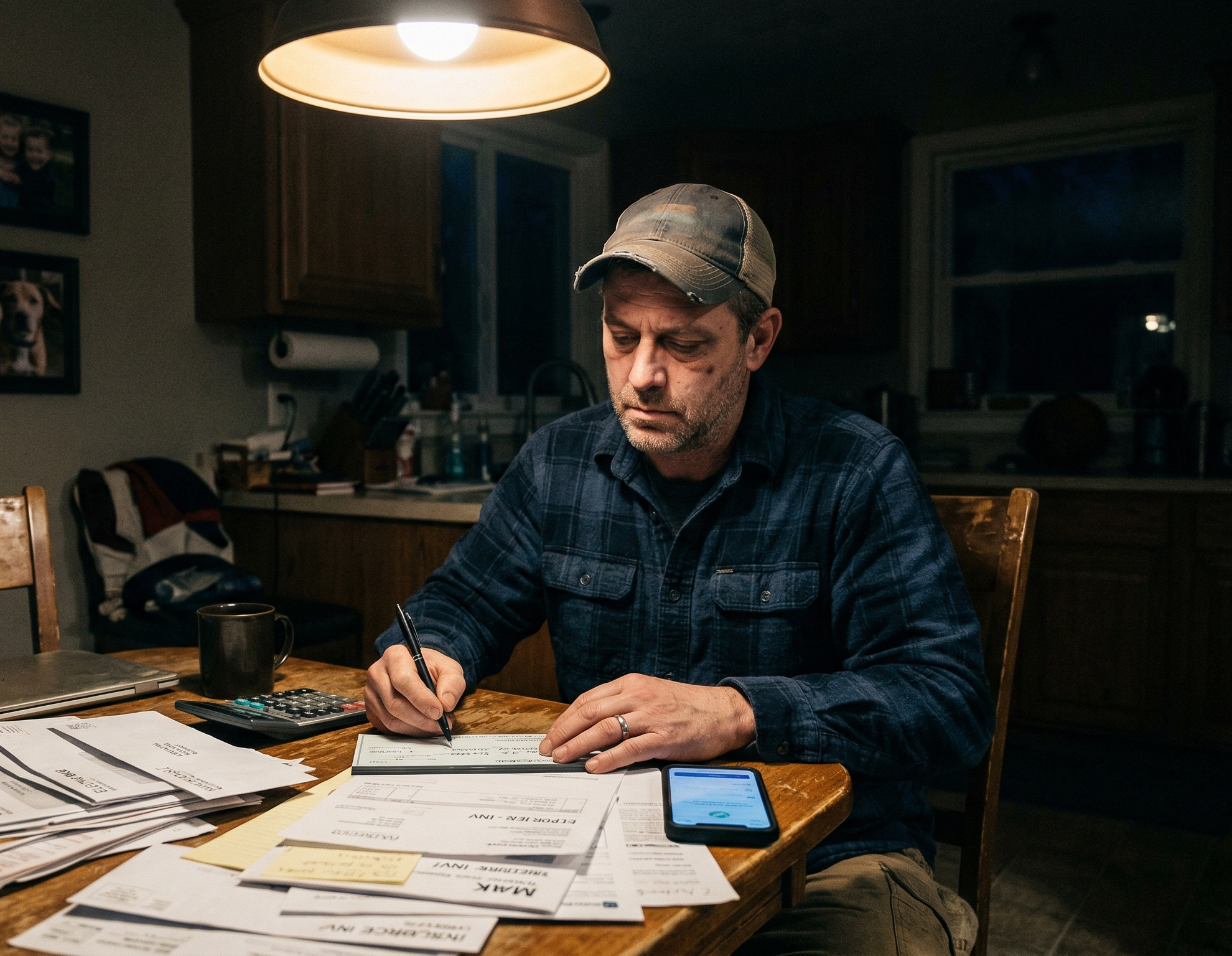 Business owner at kitchen table paying bills late at night