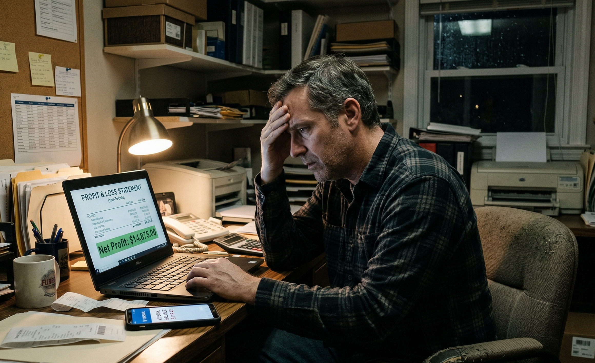 Business owner frustrated at desk looking at P&L statement